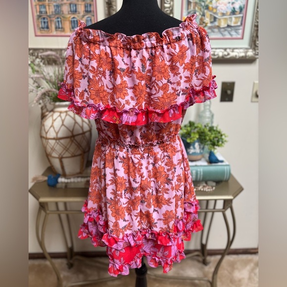 JESSICA SIMPSON PINK & ORANGE RUFFLE FLORAL PRINT OFF SHOULDER MINI DRESS SZ L - Picture 3 of 11